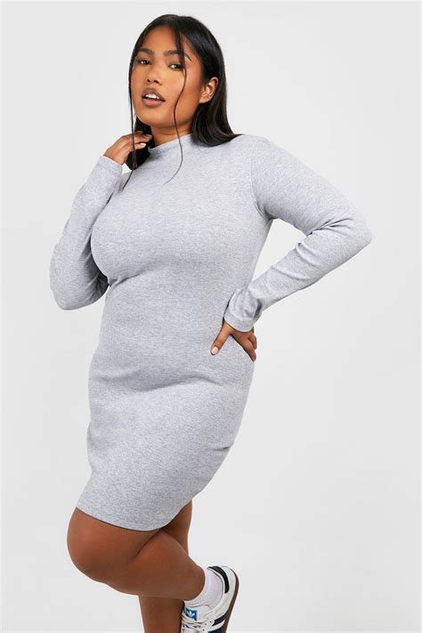 Plus Rib Roll Neck Long Sleeve Bodycon Dress Boohoo Uk