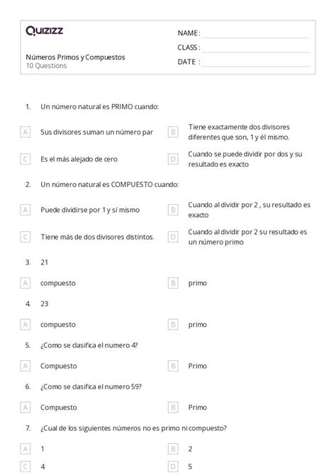 50 Números primos y compuestos hojas de trabajo para Grado 2 en