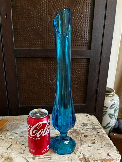 Vintage Viking Art Glass Peacock Blue Bluenique Swung Swing Stretch Vase 16 Mcm 3926588625