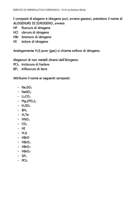 Esercizi Nomenclatura Esercizi Di Nomenclatura Inorganica Prof