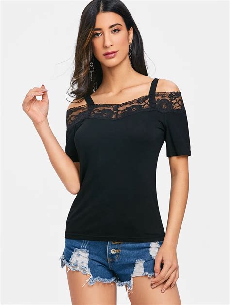 Gamiss Lace Trim Cold Shoulder Women T Shirt Summer Off The Shoulder