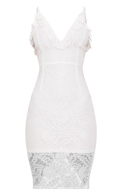 White Lace Ruffle Detail Plunge Midi Dress Prettylittlething Usa