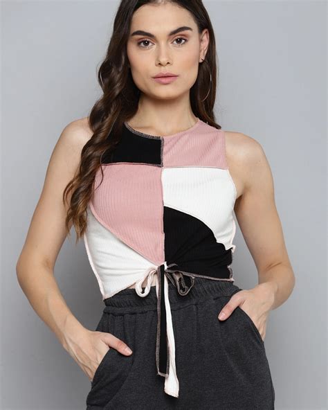 Buy Womens Pink And White Color Block Short Top Online At Bewakoof