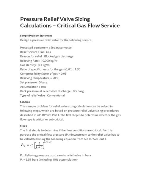 Pressure Relief Valve Sizing Calculations Gases Valve