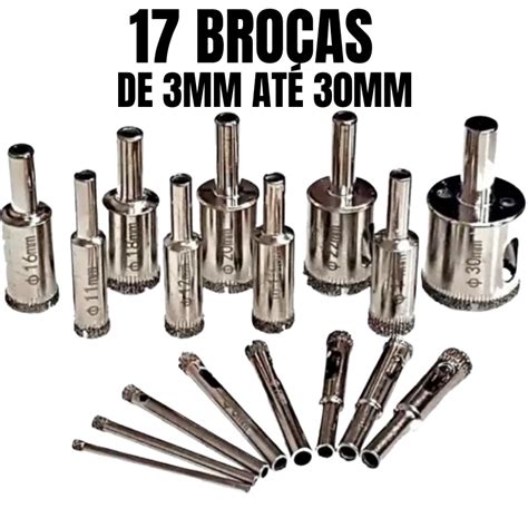 Kit 17 Jogo Serra Copo Broca Diamantada Porcelanato Vidro Ceramica