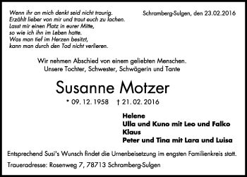 Traueranzeigen von Susanne Motzer Schwarzwälder Bote Trauer