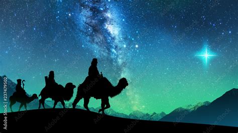 Silhouette Of Three Wise Men Riding A Camel Along The Star Path To Meet Jesus At First Birth