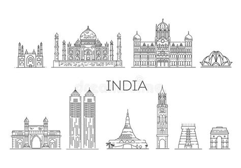 India Icons Set Indian Attractions Line Design Tourism In India