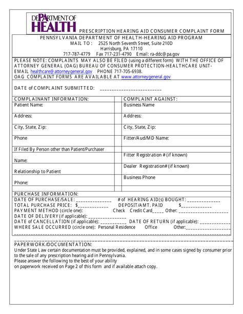 Pennsylvania Prescription Hearing Aid Consumer Complaint Form Fill