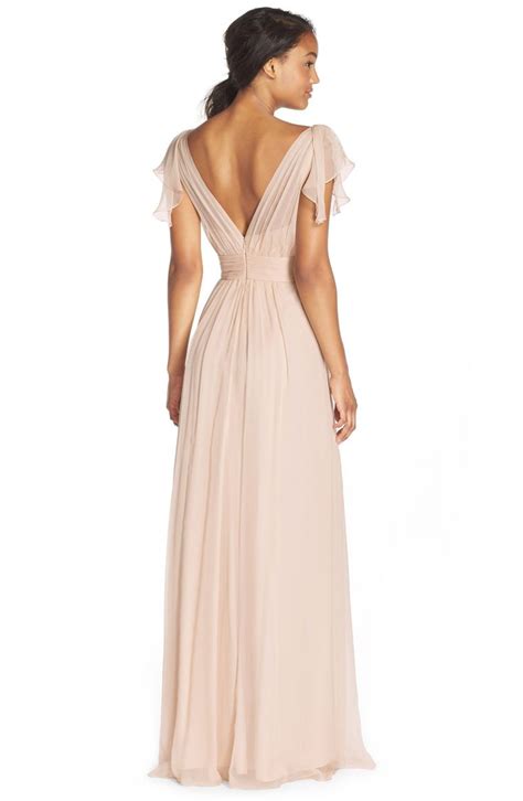 Amsale Flutter Sleeve Silk Chiffon Gown Nordstrom Pearl Pink Bridesmaid Dress Bridesmaid