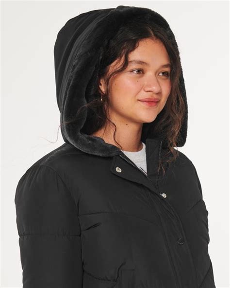 Hollister Ultimate Faux Fur Lined Hooded Puffer Jacket In Black Lyst Uk