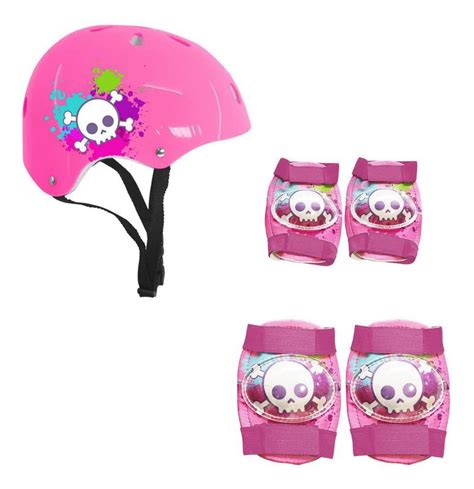 Capacete Cotoveleiras Joelheira Caveira Rosa Bike Completo Dm Toys