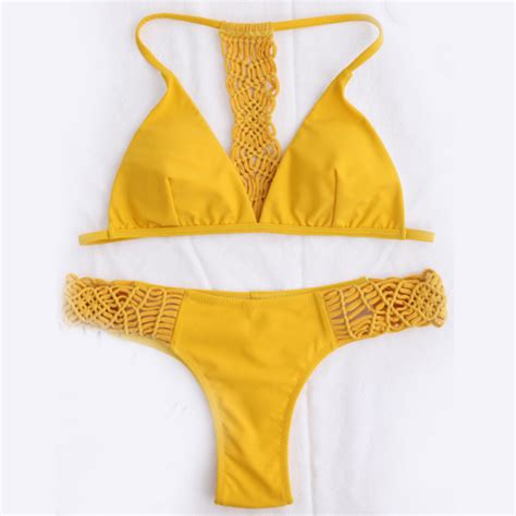 Fashion Weave Back Straps Two Piece Yellow Bikini Set On Luulla