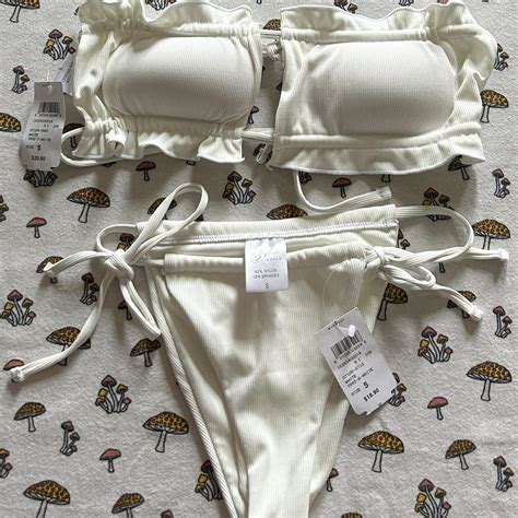 𖣠 white strapless ruffled bikini set by windsor Depop