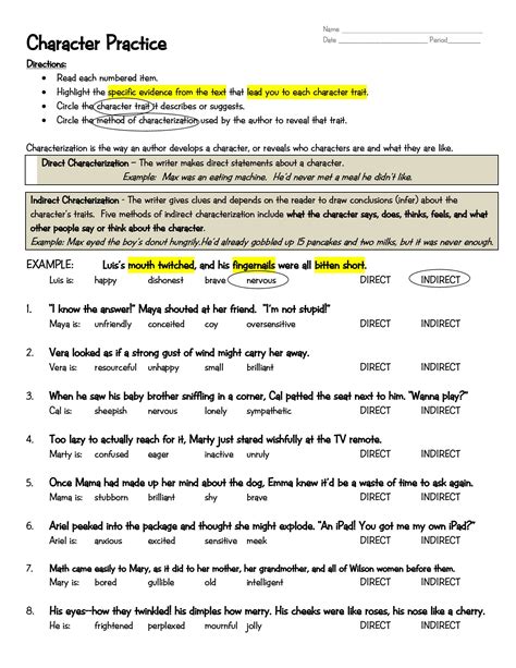 Direct And Indirect Characterization Worksheet - Wordworksheet.com