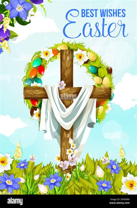 Easter cross greeting banner of christian religion spring holiday ...