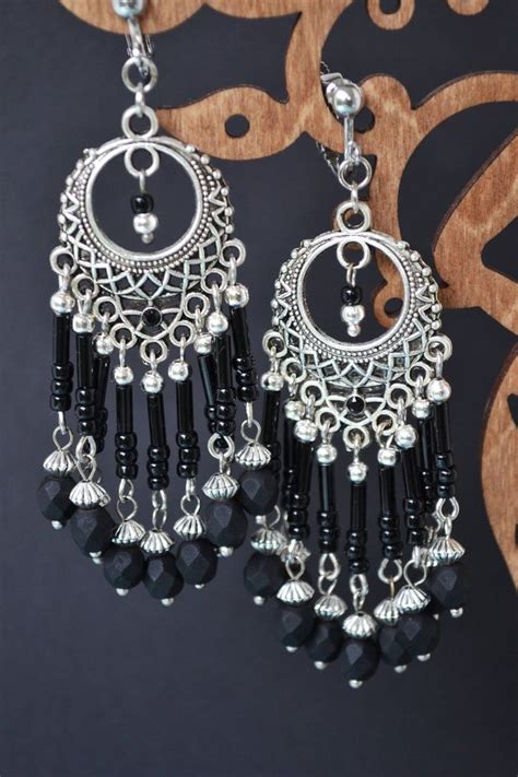 Boho Bohemian Clip On Dangle Earrings Silver Long Beaded Etsy