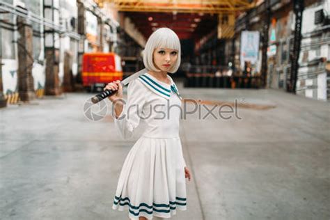 Anime girl with sword poses on abandoned factory - stock photo 1444870 ...