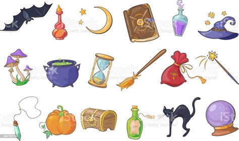 Halloween Magic Signs Set Wizard Hat Magic Book Potion Broom Crystal Ball Chest Hourglass