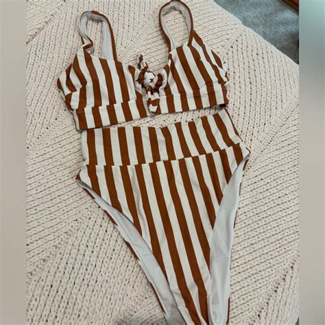 Aerie Swim Aerie Striped Brown And White High Waisted Bikini Set Poshmark