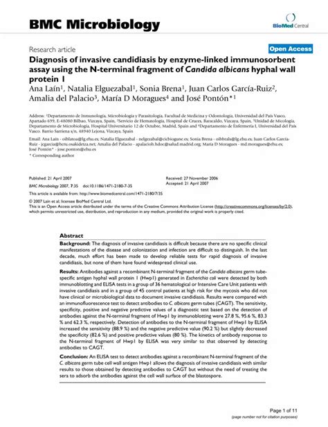 Pdf Diagnosis Of Invasive Candidiasis By Enzyme Linked Immunosorbent