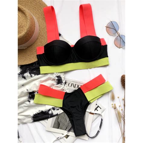 Sexy Underweared Bikini Set Neon Pink Patchwork Swimsuit Splicing