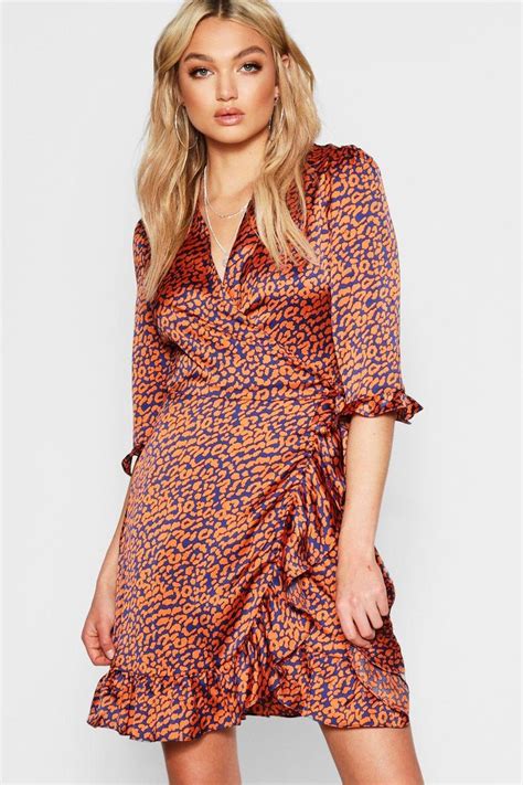 Tall Satin Leopard Print Ruffle Wrap Dress Boohoo In 2020 Dresses