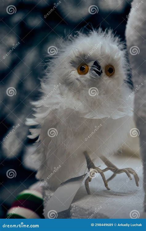 A Small White Fluffy Owlet With Large Round Eyes Christmas Decorations Stock Image Image Of