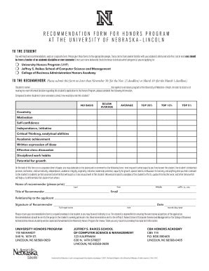 Fillable Online Admissions Unl Honors Recommendation Form Admissions