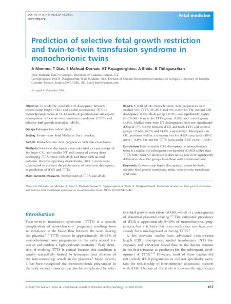 Pdf Prediction Of Selective Fetal Growth Restriction And Twin To Twin