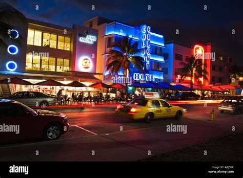 Nighttime In The Famous Art Deco District Of Ocean Drive In South Beach