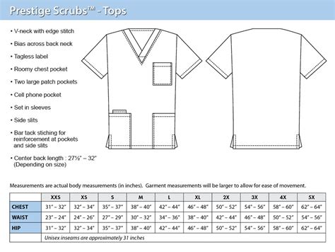 Medical Scrubs Size Chart Pe