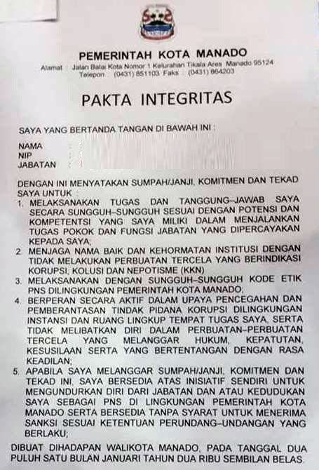 Pejabat Pemkot Manado Teken Pakta Integritas Di Hadapan GSVL Mor Apa