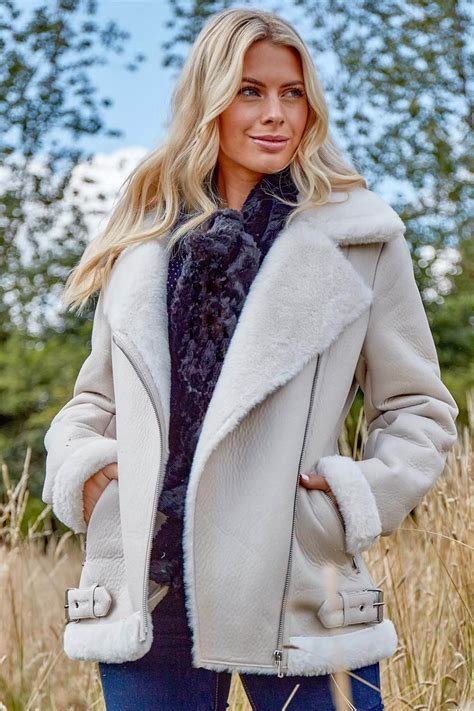 Faux Fur Lined Zip Detail Aviator Jacket In Ivory Roman Originals Uk