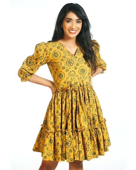 Mustard Abstract Motifs Printed Tier Dress By Threeness The Secret Label