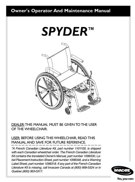 Invacare Spyder 1097049 Operator And Maintenance Manual Pdf Download Manualslib