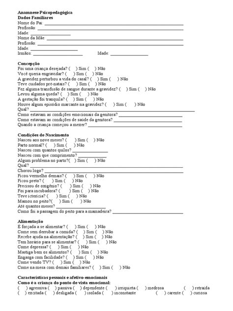 Anamnese Psicopedagógica Gravidez Parto