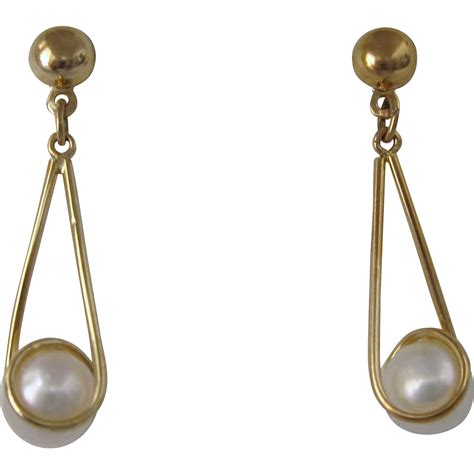 Vintage 14k Gold Cultured Pearl Dangle Pierced Earrings From Delmartwo On Ruby Lane