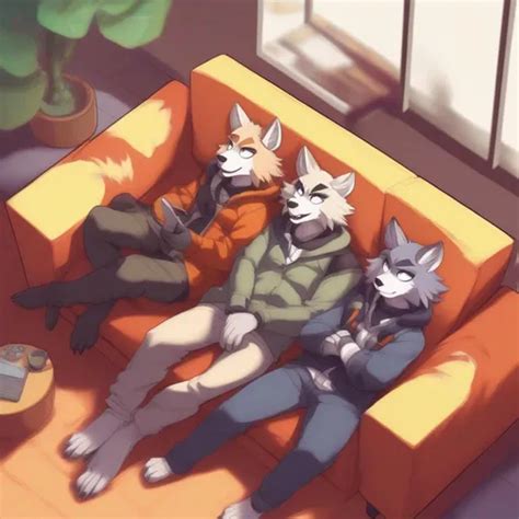 Three Male Kemono Anthro Furry Wolf Fursonas Cuddle