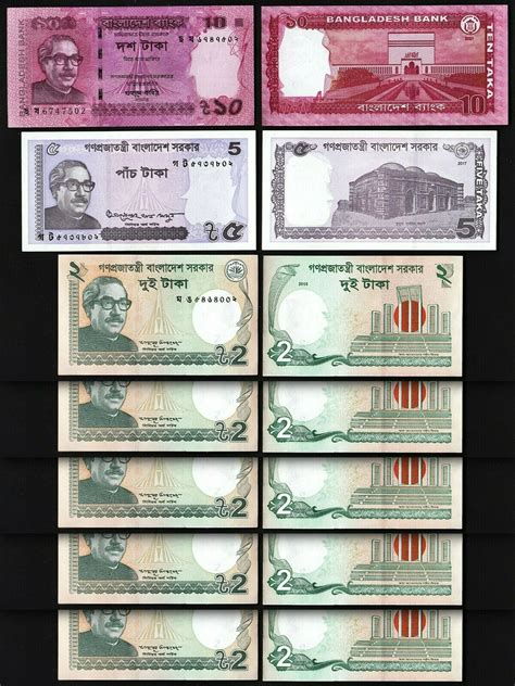 Bangladesh 5 X 3 Pcs SET 2 5 10 Taka 2016 2017 2021 UNC P New