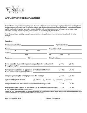 Fillable Online Application For Employment Venture Bank Fax Email