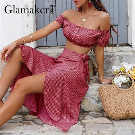 Glamaker Polka Dot Flower Office Ladies Women Set Off Shoulder Crop Top