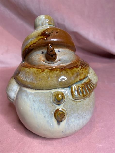 Cute Snowman Pottery Figurineglaze Snowman Brown And Etsy