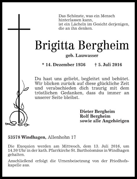 Traueranzeigen Von Brigitta Bergheim Rz Trauer De