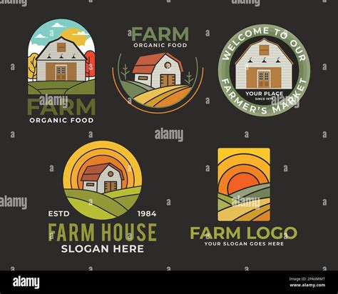 Farm Logos Vector Templates Set With Barn And Farmer Landscape Locally