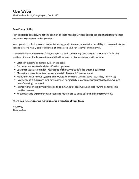 Team Manager Cover Letter Velvet Jobs