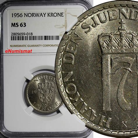 1956 Krone 1956 NORWAY Haakon VII Copper Nickel NGC MS63 Thick Border