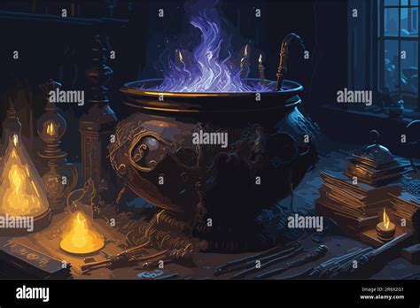 Witchs Cauldron Bubbling With A Magical Potion Surrounded By Flickering Candles And Spell