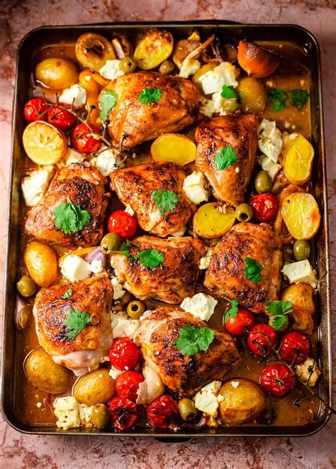 Mediterranean Chicken Tray Bake With Potatoes Olives Pepper And Feta