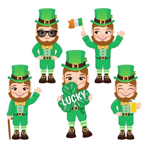 Premium Vector Set Of Five Funny Leprechauns In Different Poses Saint